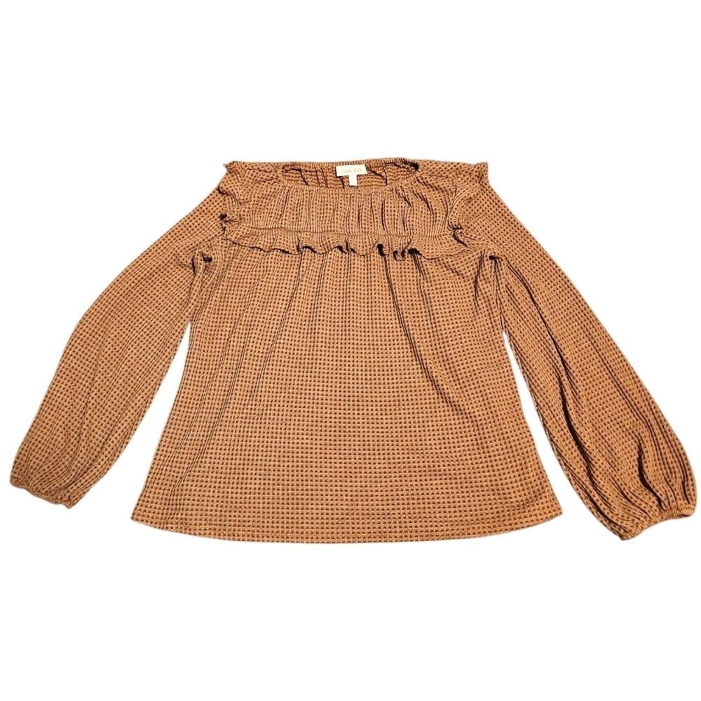 Hailey & Co Wmns M Waffle Knit Blouse Tan Boho Peasant Ruffle Bishop Sleeve USA - Picture 2 of 12